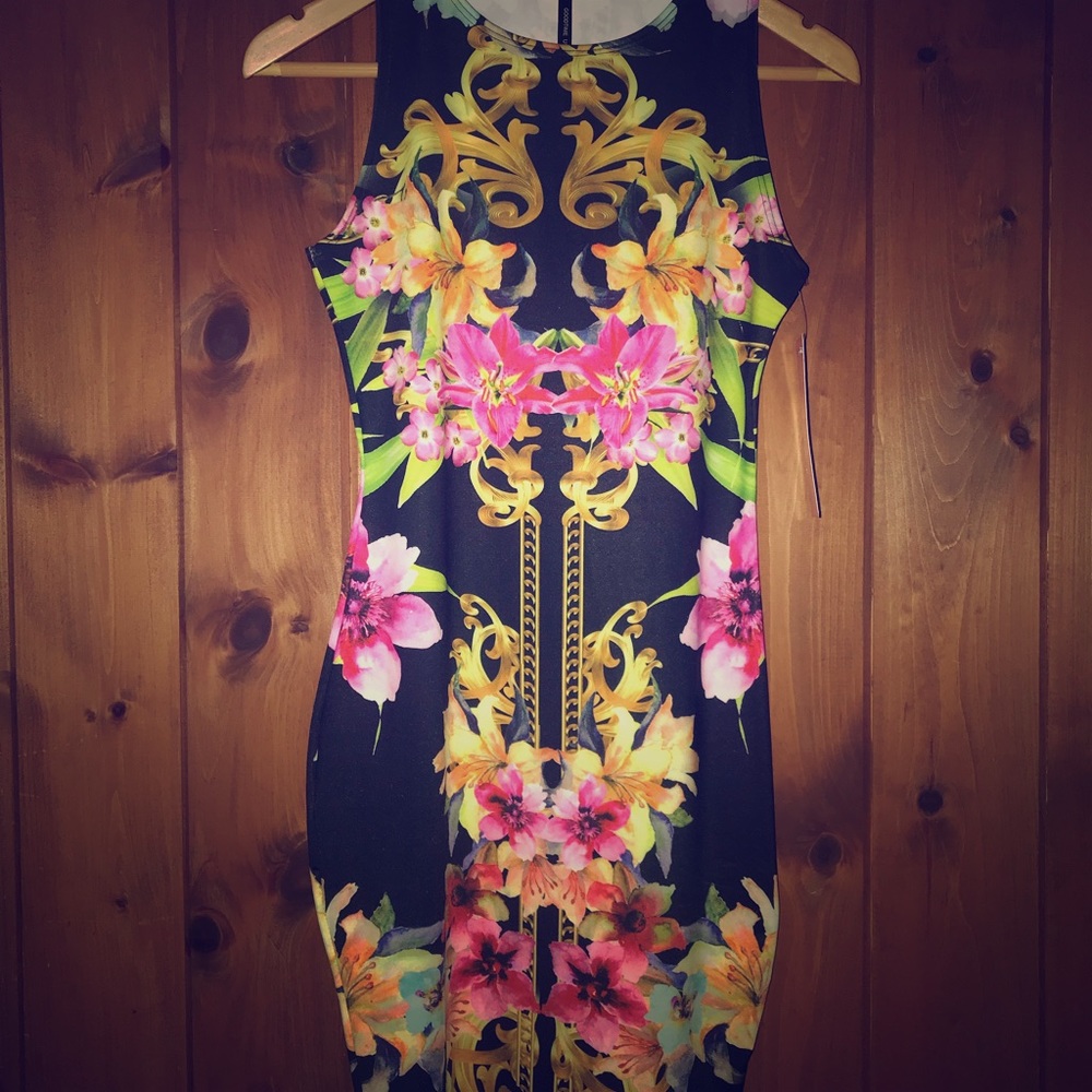 High neck bodycon floral sexy dress